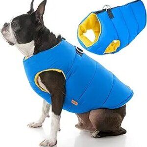 Puffy dog vest - royal blue with yellow fleece lining